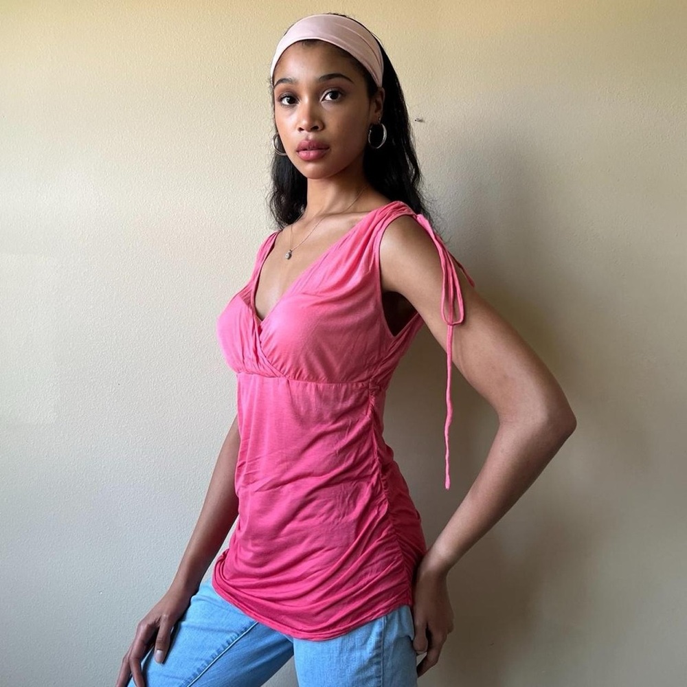 Pink Free People ruched tassel tank shirt, Sz. Medium